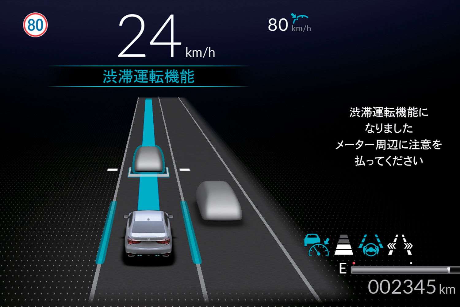 「トラフィックジャムパイロット」の作動画面。ハンズフリー走行中に渋滞に遭遇し、車速が30km/h以下に低下し……と、その作動には複数の条件があるのだが、今回の試乗ではそれに合致したシーンに遭遇せず、「レベル3」の自動運転を体験できなかった。（写真：本田技研工業）