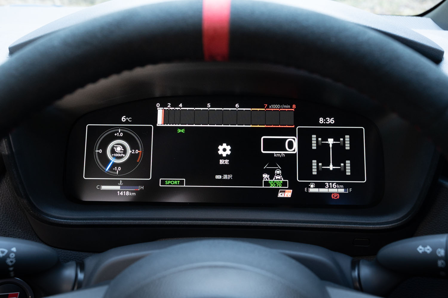 12.3インチのTFT液晶メーター。ディスプレイは主に右・中央・左に分かれており、常時表示される車速計やエンジン回転計に加え、ブースト計や4WDの駆動配分、Gセンサーなども表示できる。