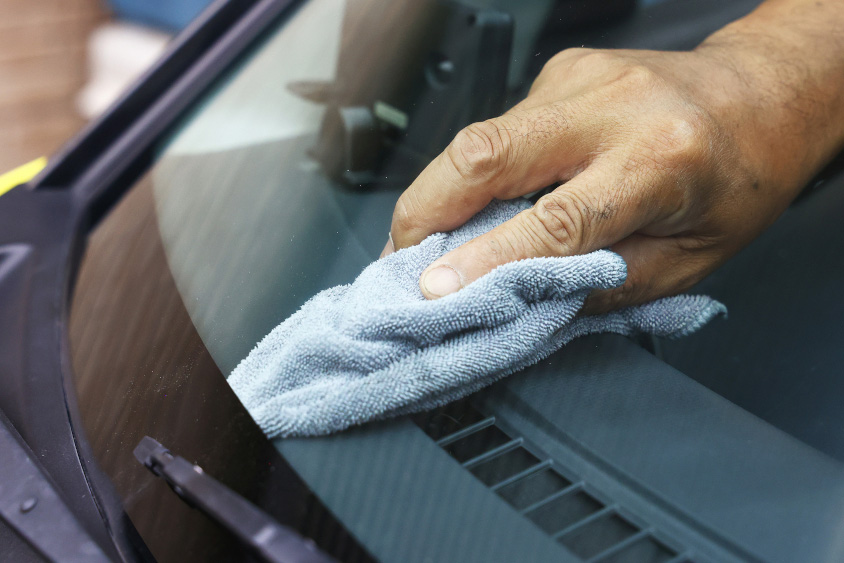 フロントガラス前端の部分は傾斜がきついと拭きにくいので定規を使う