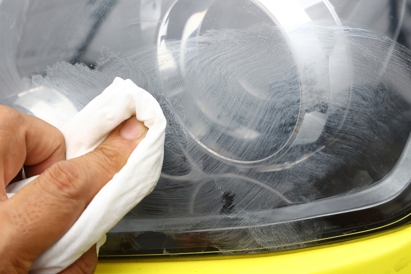 コンパウンドでヘッドライトを磨いている様子