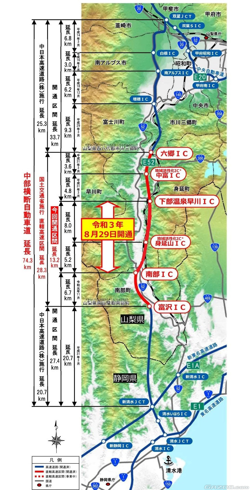 中部横断道の六郷ICから富沢ICまでの28.3km（赤い部分）が「新直轄方式」による通行無料エリア