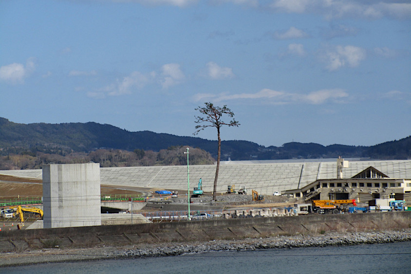 岩手県陸前高田市の奇跡の一本松と奥に見えるのは巨大な防潮堤
