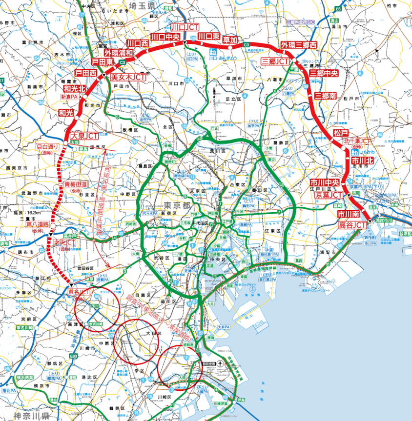 外環（東京外かく環状道路）の路線図
