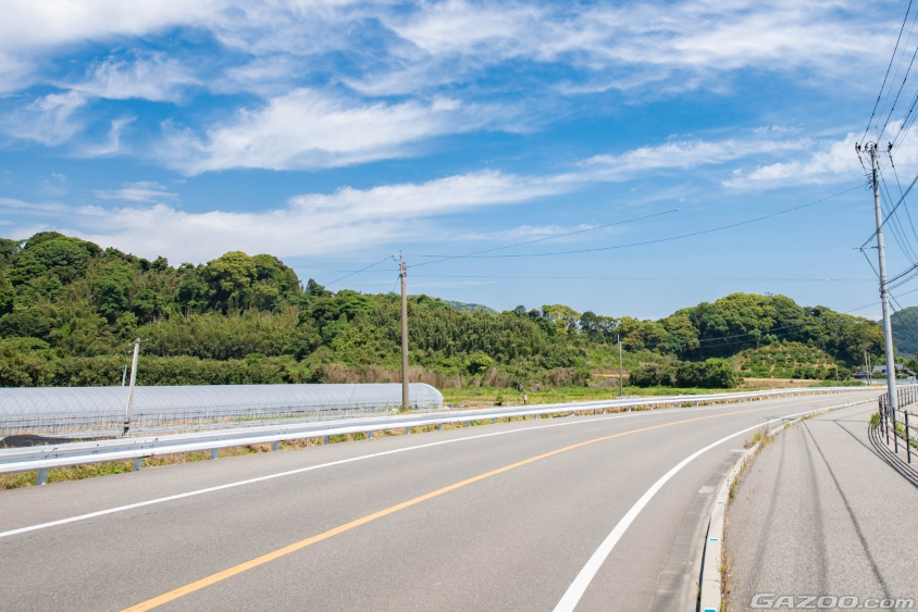 左側が路側帯（路肩）、右側が路肩と歩道の道路