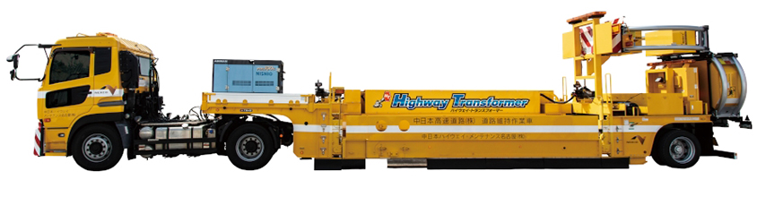 走行時の連結全長は15.94メートル。作業時には23.35メートル（メインビーム最長/大型緩衝装置展開）にもなる