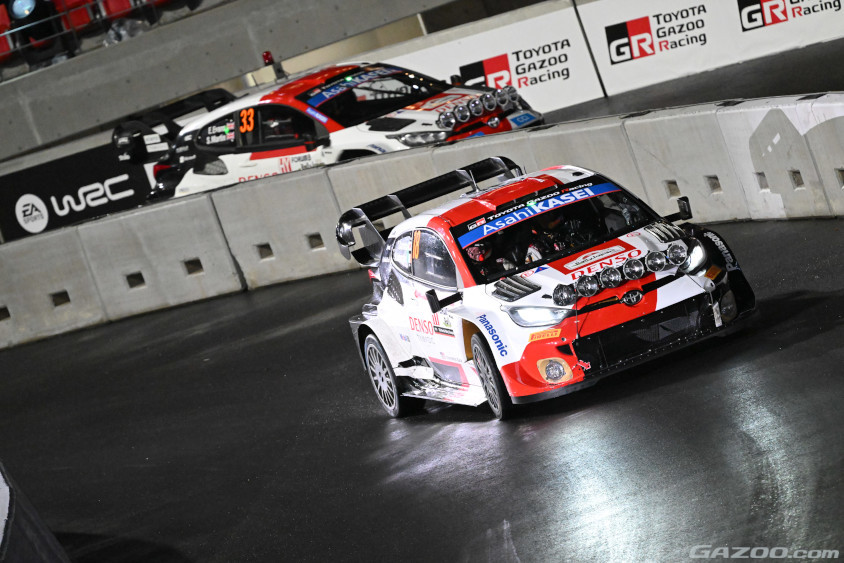 ラリージャパンの豊田スタジアムでのデュアルSSで走行するGR YARIS Rally1 HYBRID