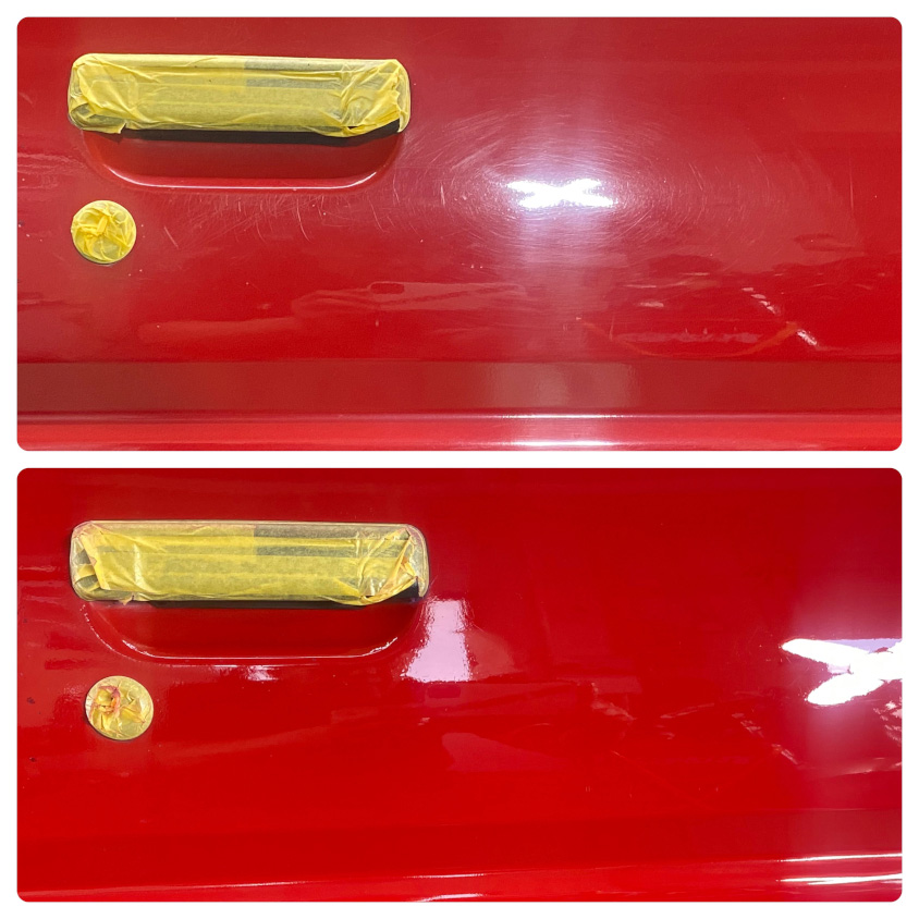トヨタ・スプリンタートレノAE86「赤パン」の磨きの仕上がり比較