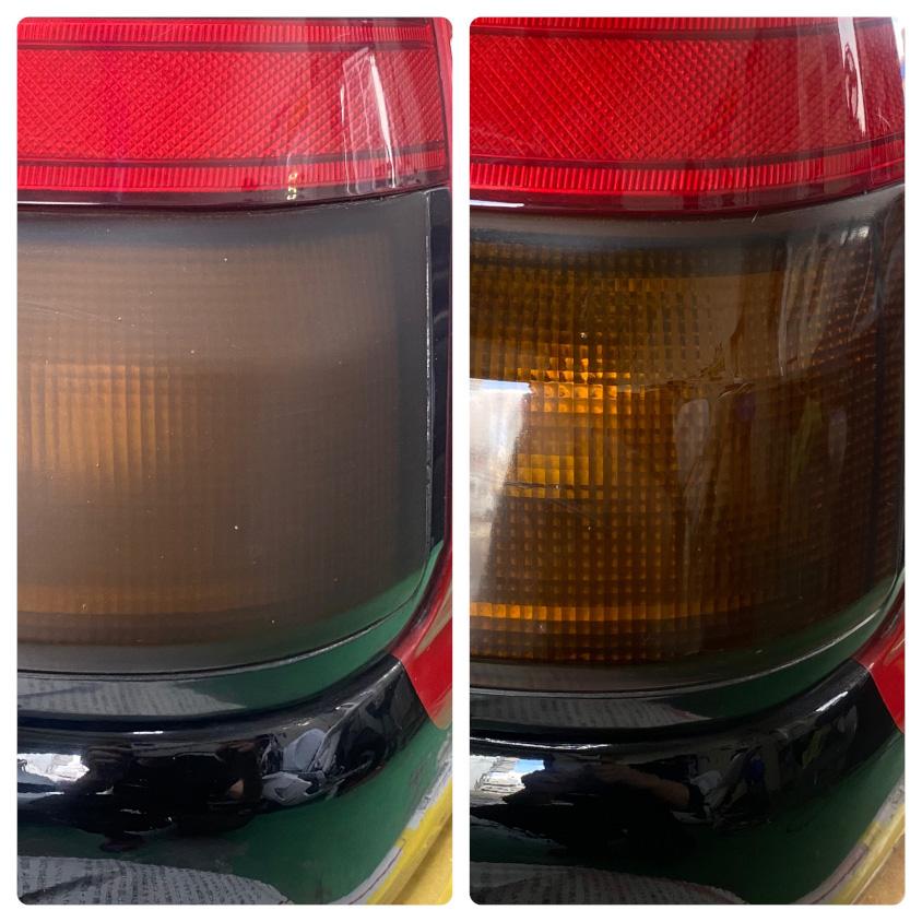 トヨタ・スプリンタートレノAE86「赤パン」のテールランプの磨き前後