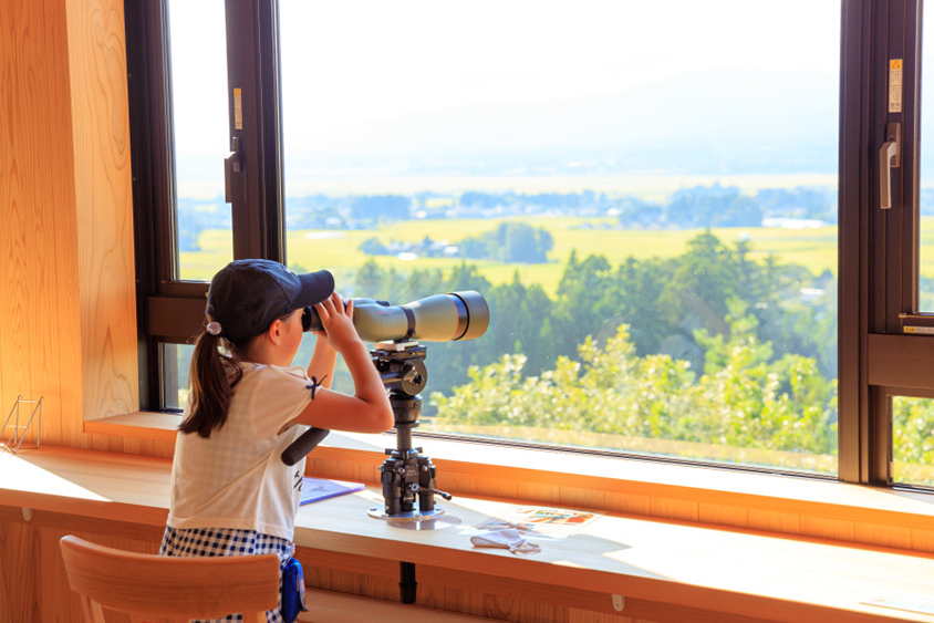 2階の屋内観察室には、トキをはじめとする野鳥を観察できるスコープを設置。