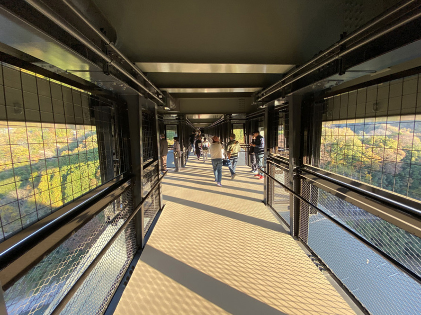 眼下に天龍ライン下りの船や線路を通る飯田線などを見下ろす「そらさんぽ天龍峡」。