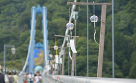 橋の両脇に揺れるカラフルな風鈴！375mの歩行者専用吊橋「竜神大吊橋」　茨城県常陸太田市