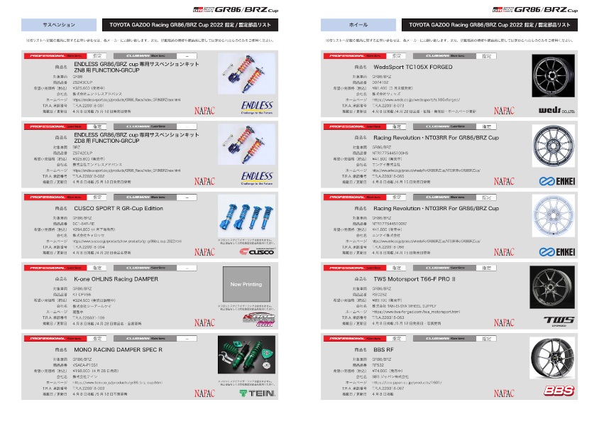 プロフェッショナルシリーズで使用可能なNAPACのパーツ（一部）