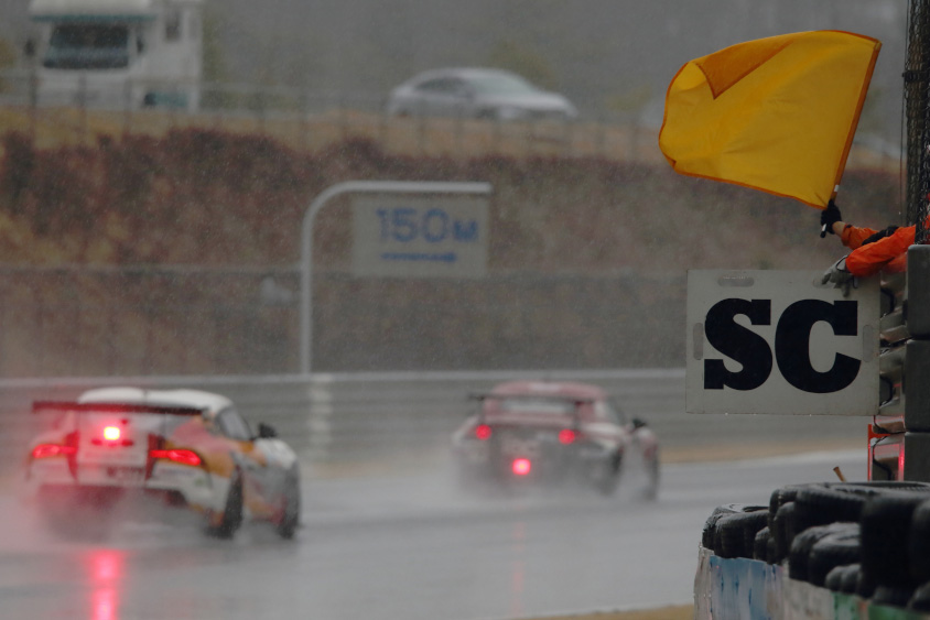 セーフティカー（SC）が宣言されるとSC看板が提示され黄旗が振られる （c）スーパー耐久機構