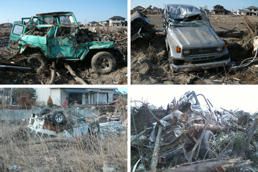 東北大震災で被害を受けたトヨタ・ランドクルーザー