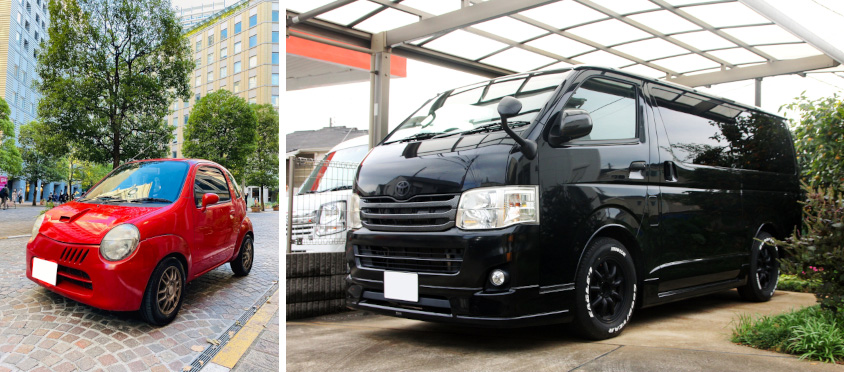 土屋さんが所有するスズキ・ツインとトヨタ・ハイエース