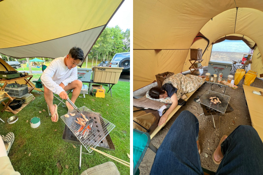 キャンプで料理を作ったりくつろいだり