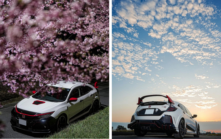 ホンダ・シビックタイプR（FK8）と桜と夕空