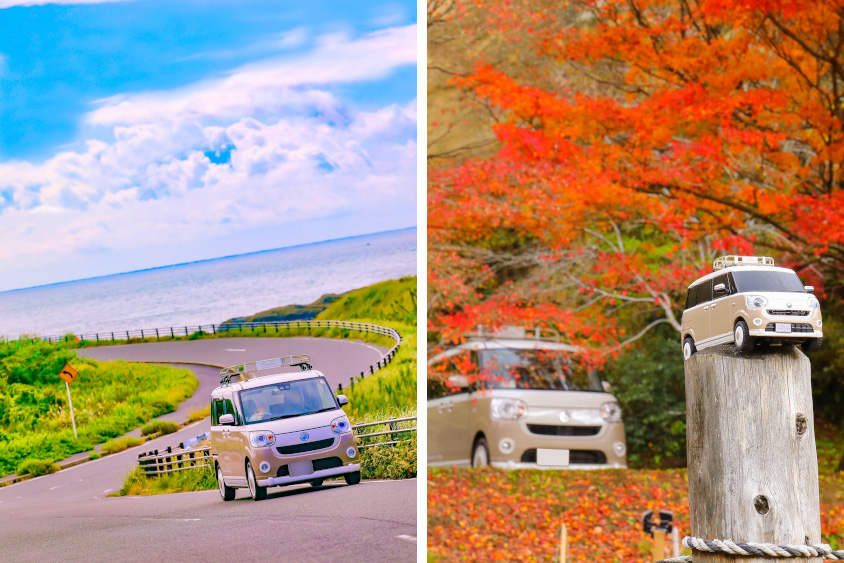 ダイハツ・ムーヴキャンバスと海と紅葉