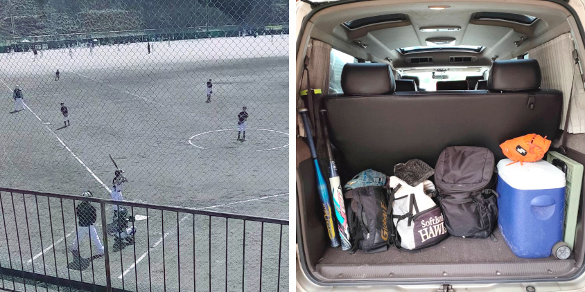 野球の様子とトヨタ・ハイエースの荷台