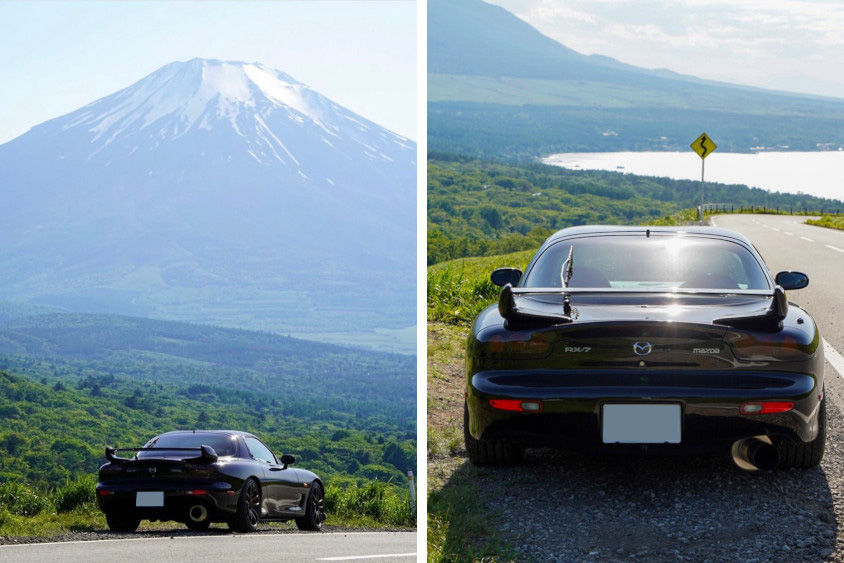 マツダ・RX-7と山の風景