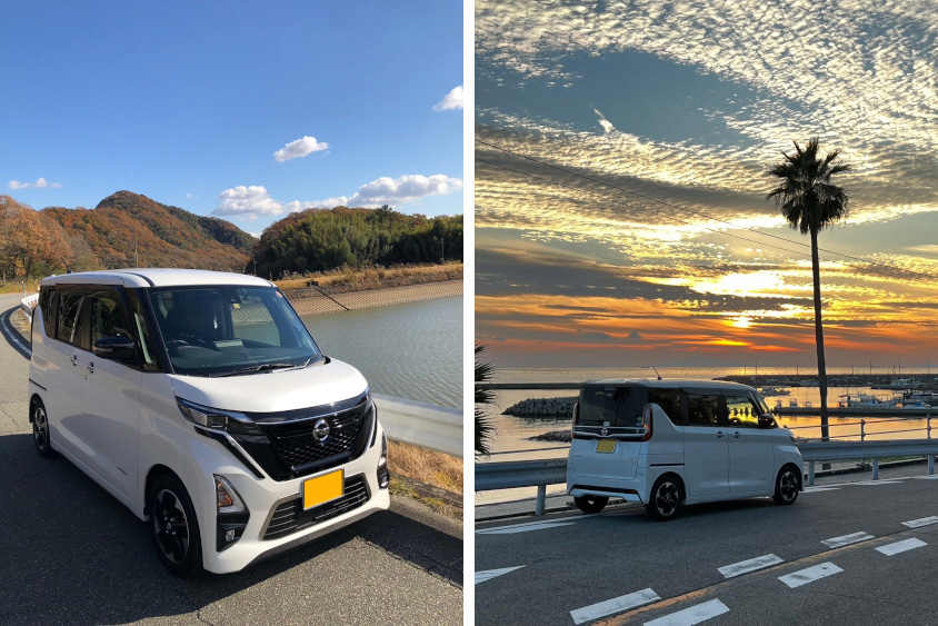 日産・ルークスと湖と夕焼け