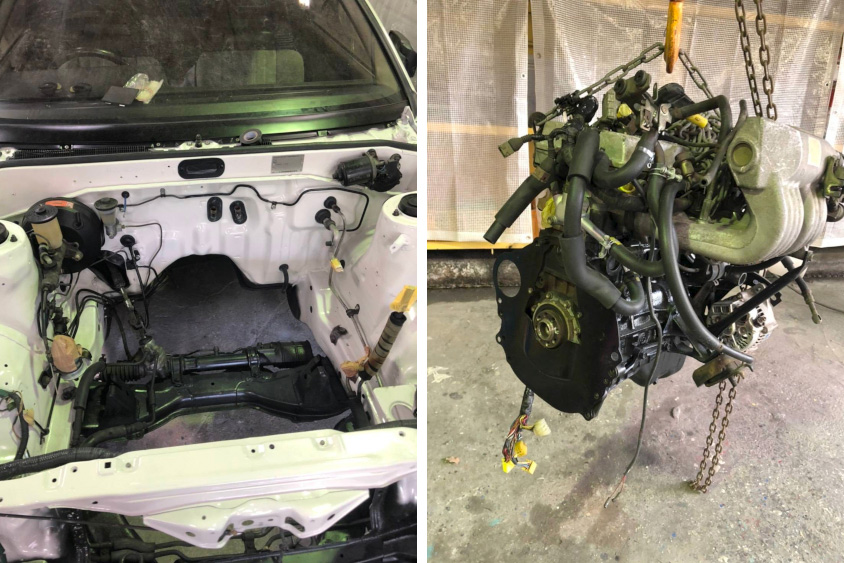 トヨタ・スプリンタートレノ（AE86）のエンジンをおろしたところ