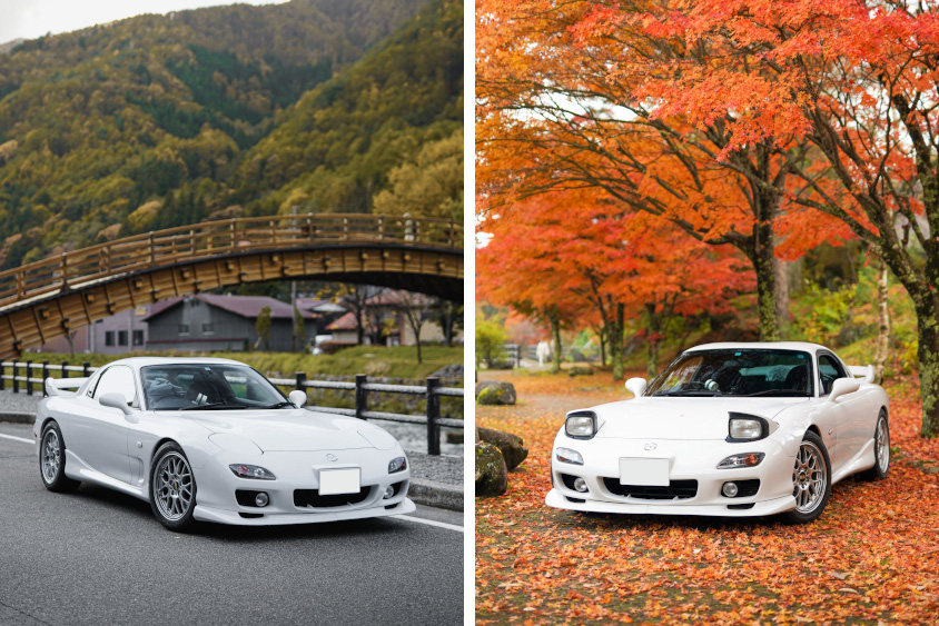 橋や紅葉とマツダ・RX-7 タイプRバサースト