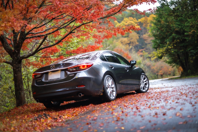 マツダ・アテンザのリヤと紅葉