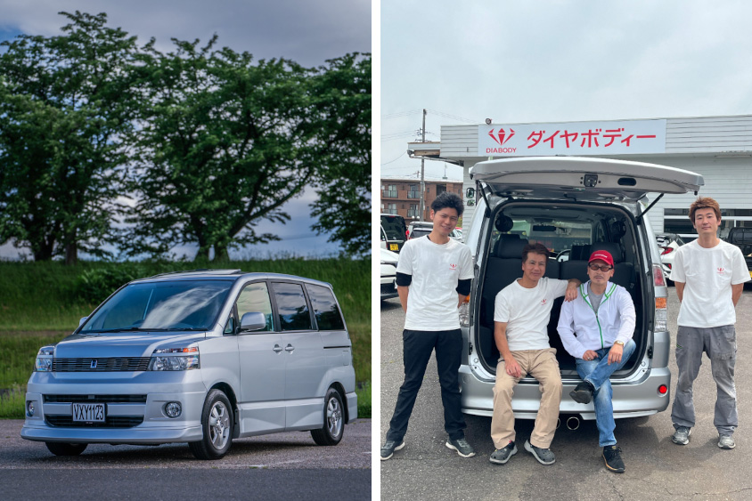 トヨタ・ヴォクシー（60系）と整備を任せるダイヤボディーのスタッフ