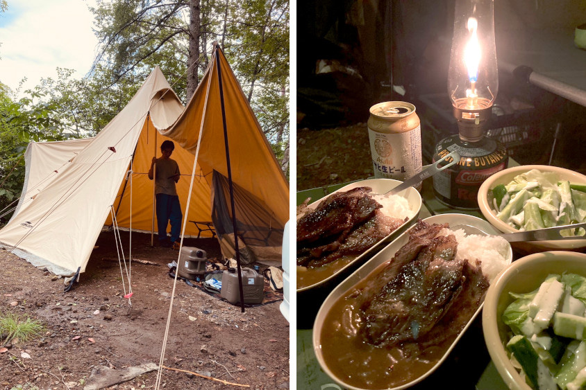 テントを建てる息子さんと料理の写真