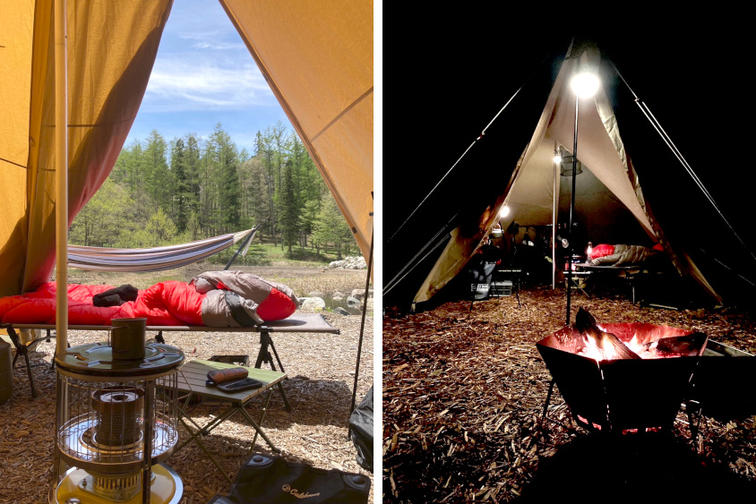 テントの中と夜のキャンプの雰囲気