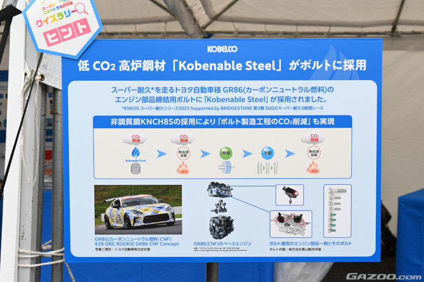 神戸製鋼所が開発した「Kobenable Steel」は、鉄鉱石から鉄を取り出す際に天然ガスを使うことでCO2の削減を実現している。さらに、この鉄を製品にする際に、熱処理を行わず整形したり、冷鍛による焼き入れ工程の削減など、CO2を削減する製法で製造されたボルトが、28号車ORC ROOKIE GR86 CNF conceptのエンジンに使用されているという