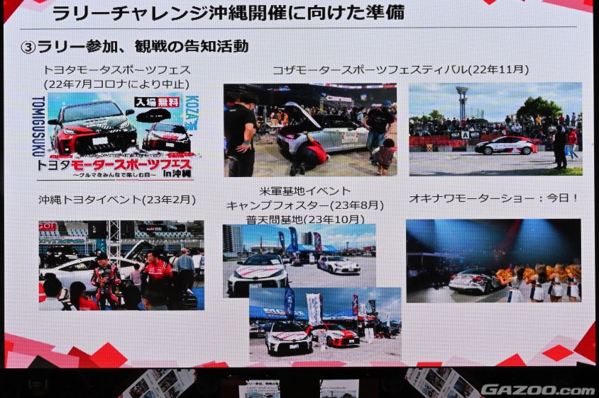 沖縄モーターショーで高橋プレジデントが説明したラリーチャレンジ沖縄開催に向けた準備状況の資料