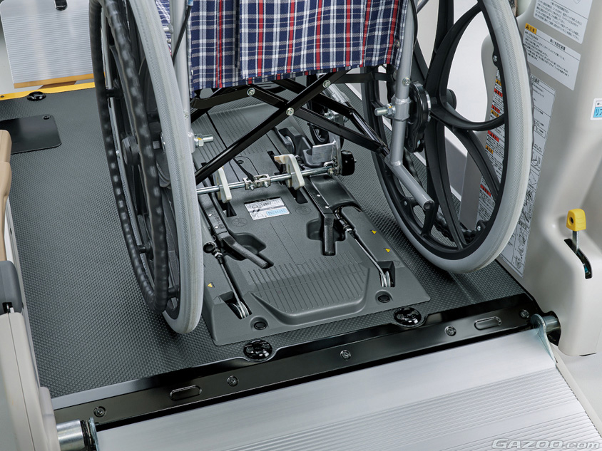 固定装置が車いすを固定している様子