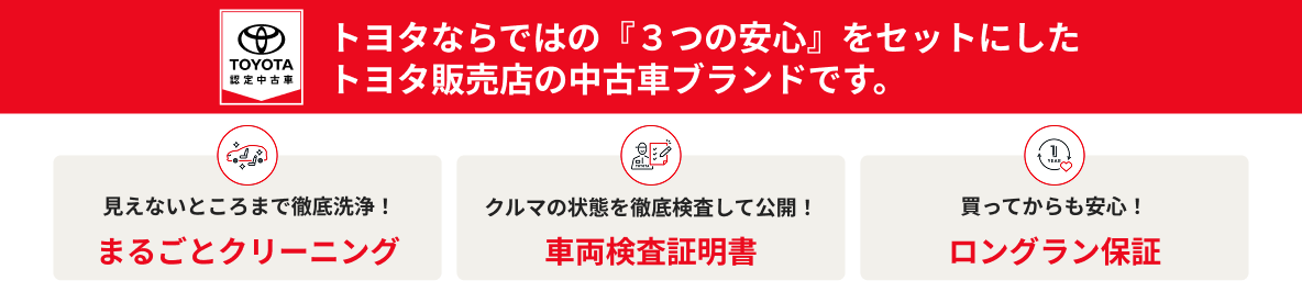 トヨタのあんしんマーク 安心がみえるトヨタの安心ブランド まるごとクリーニング 車両検査証明書 ロングラン保証