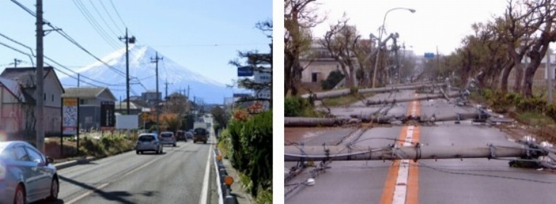 （左）風景を台無しにする電柱、（右）災害時の救援活動を妨げる電柱　（いずれも国土交通省HP「無電柱化の推進」より抜粋）