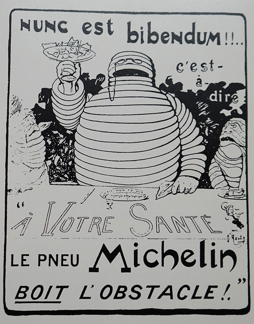 「ヌンク・エスト・ビバンダム」と題した初期のポスター。宴席でミシュランマンがグラスに入ったガラス破片や釘を飲み干そうとしている。:『ビバンダムの偉大なる世紀』より（C）MICHELIN