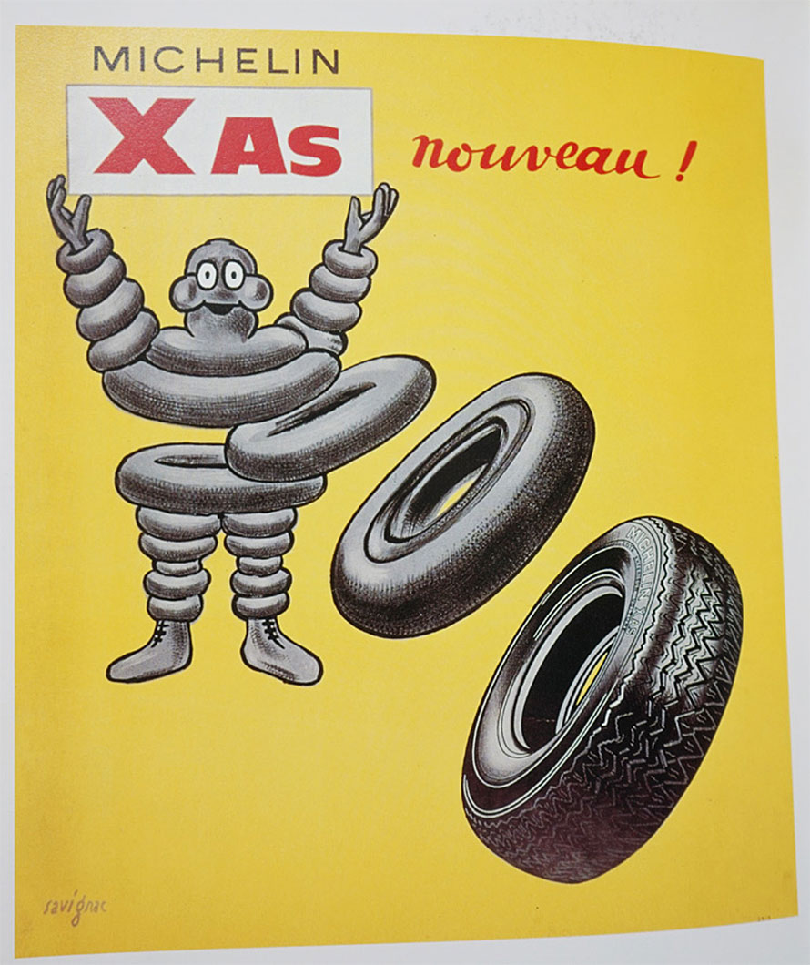 サヴィニヤックが制作したポスター。ミシュランマンが白ではなく、タイヤ色で描かれたものはおそらくこの作品のみ。:『ビバンダムの偉大なる世紀』より（C）MICHELIN