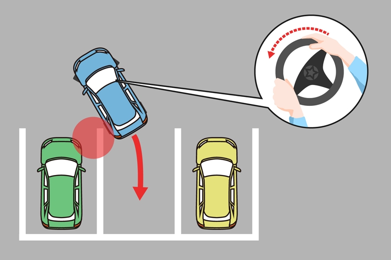 駐車枠に斜めに進入。後ろのタイヤが隣のクルマの前端を過ぎたら、ハンドルを切ってクルマの向きを真っすぐにしましょう。