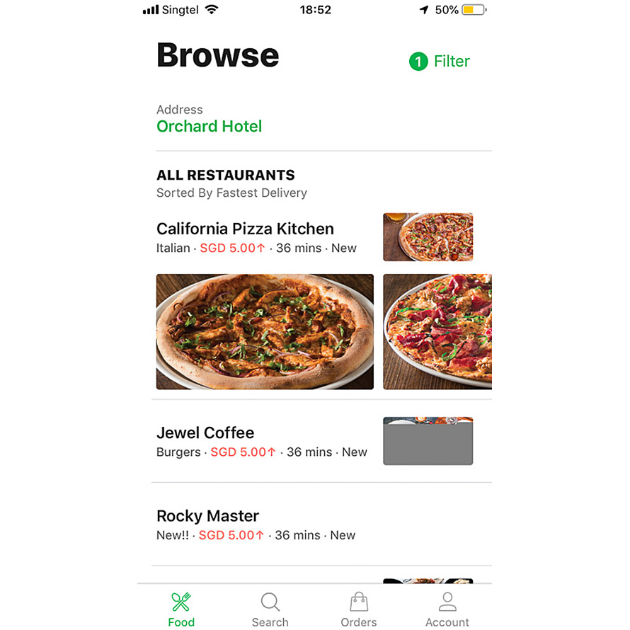 Grab Foodのアプリ画面、自分の現在地の近くで注文可能なレストランが表示される