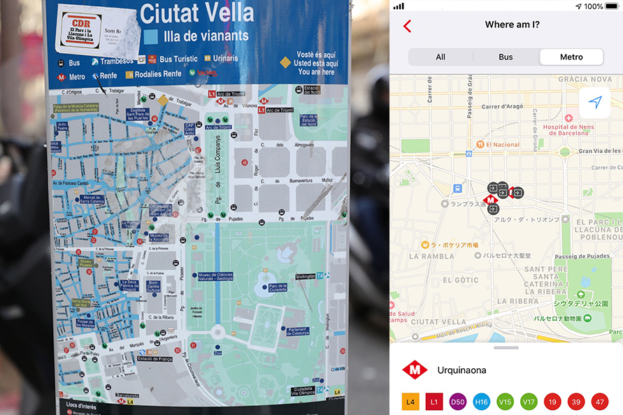 (左) サグラダ･ファミリア付近の街灯にあった観光案内地図 ／ (右)交通局アプリでより広域を見た様子
